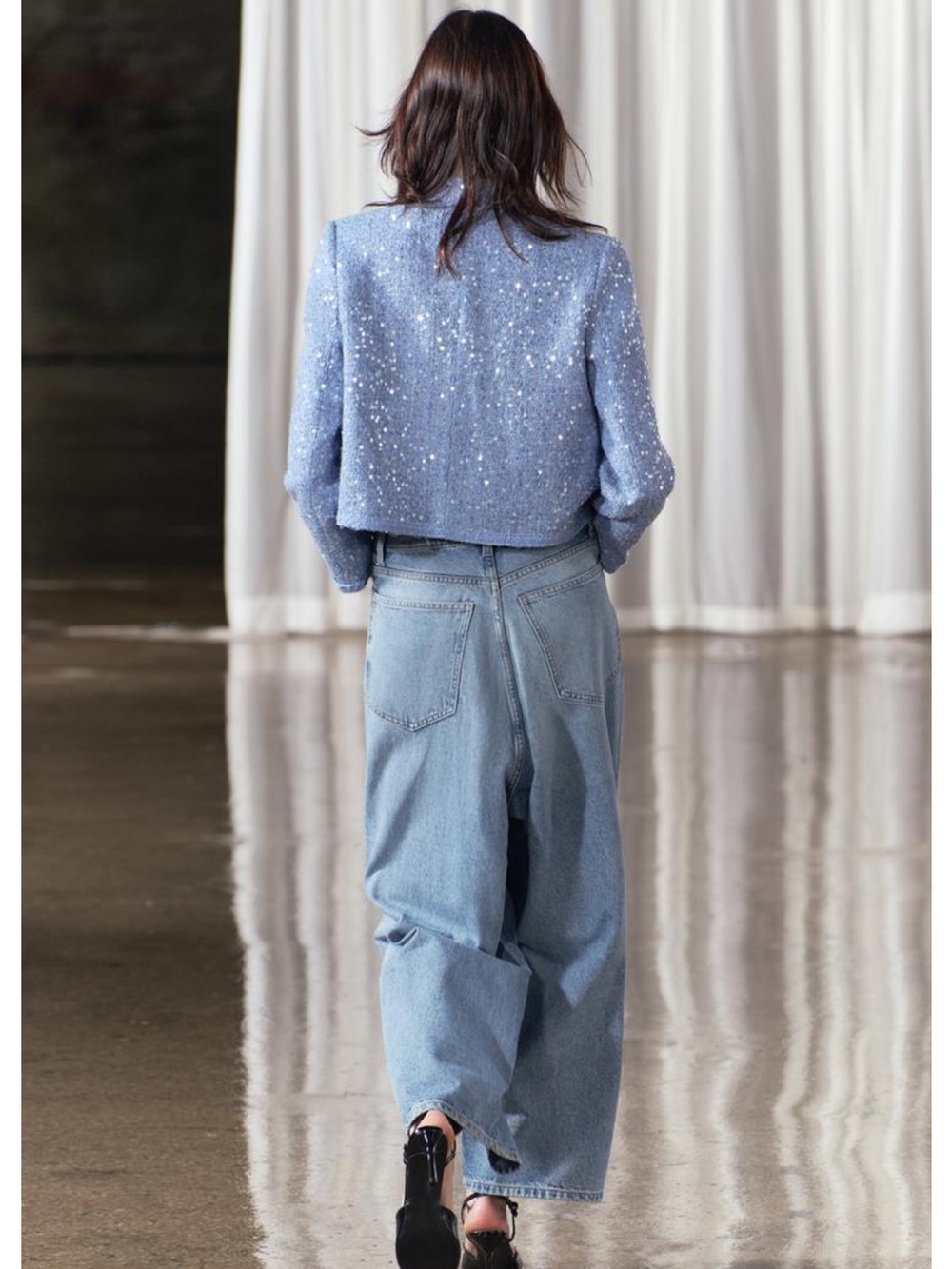 NWT Zara Periwinkle Blue Sequined Tweed Lady Jacket XL - Picture 13 of 14